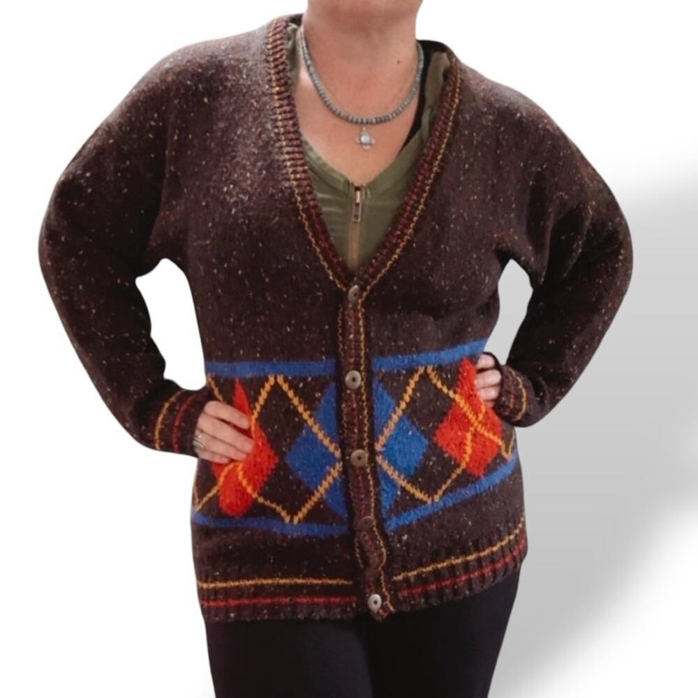Vintage Cardigan Plaid Prep Argyle Thick Wool blend Button Small 80s